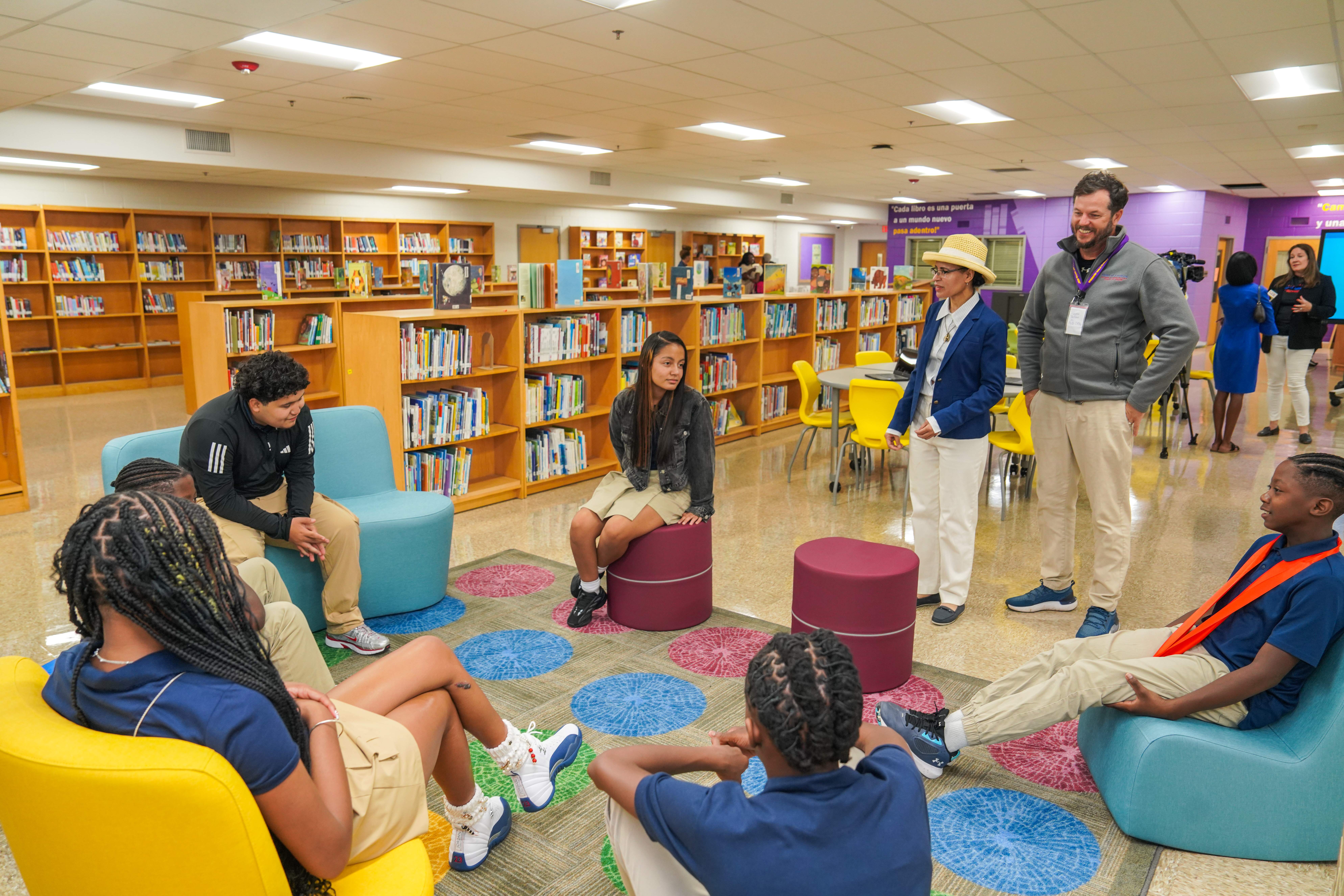 students in library