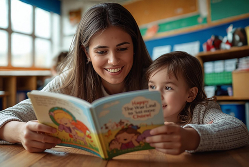 adult reading to child in class