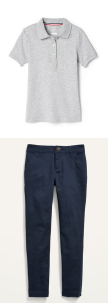 grey polo shirt with navy pants